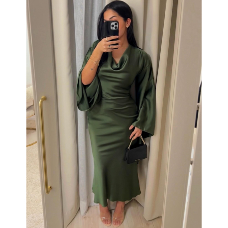 Robe longue en satin à col drapé & manches évasées * se porte dans les 2 sens