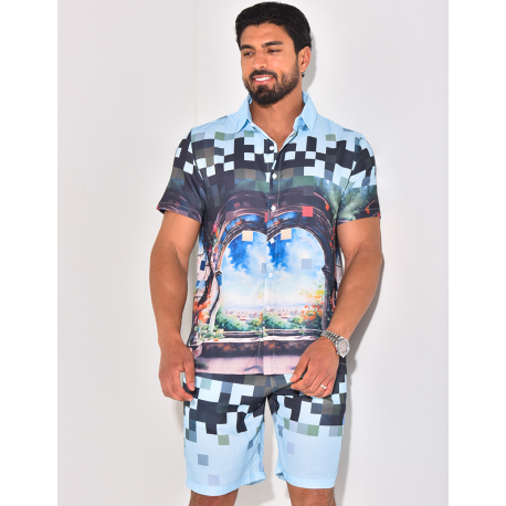 Ensemble short et chemise à motifs paysage