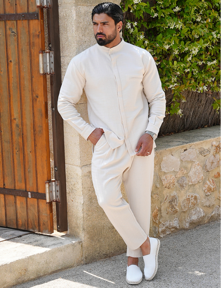 Ensemble pantalon et chemise à col rond texturé