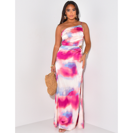 Openwork printed satin maxi dress