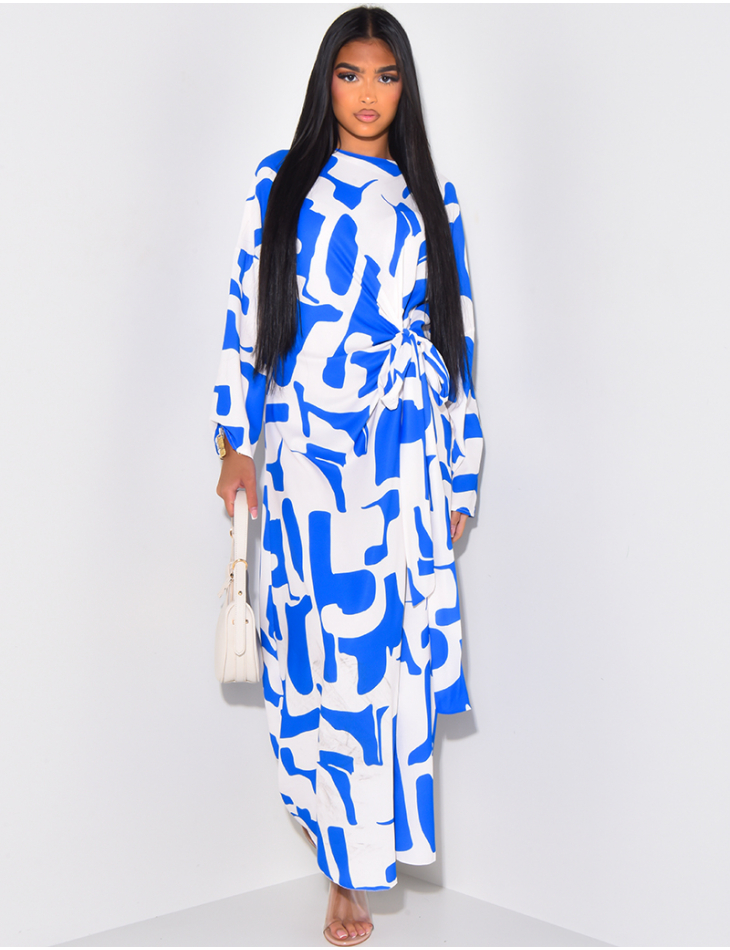 Printed long dress with tie