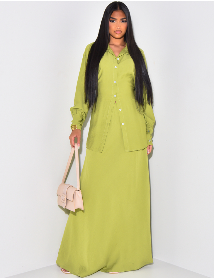 Long skirt and linen-effect tie-around shirt set