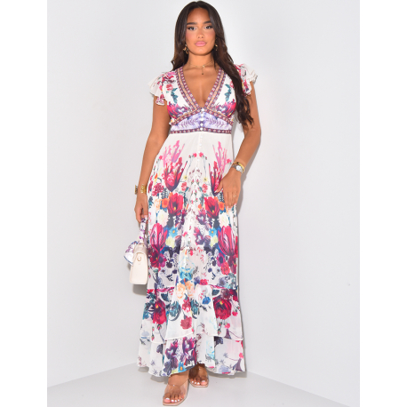 Printed voile maxi dress with ruffles