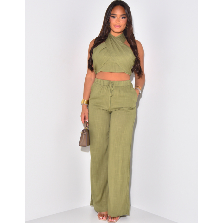 Ensemble pantalon et crop top à nouer en lin 