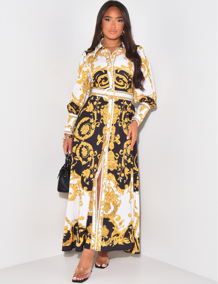 Long dress with baroque motifs and belt at waist