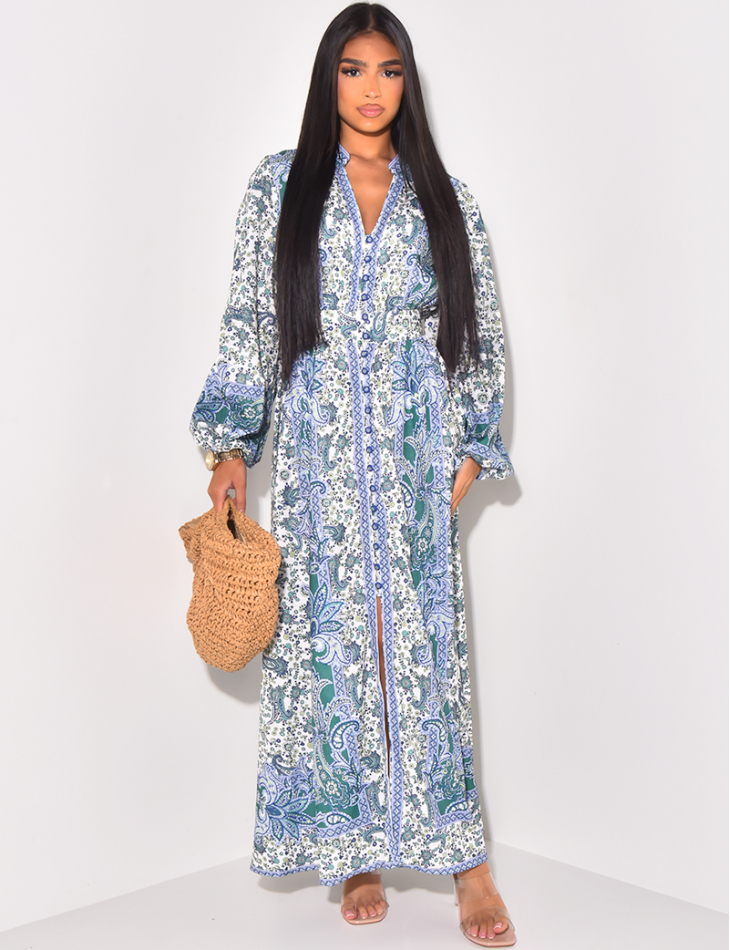 Printed long dress with buttons