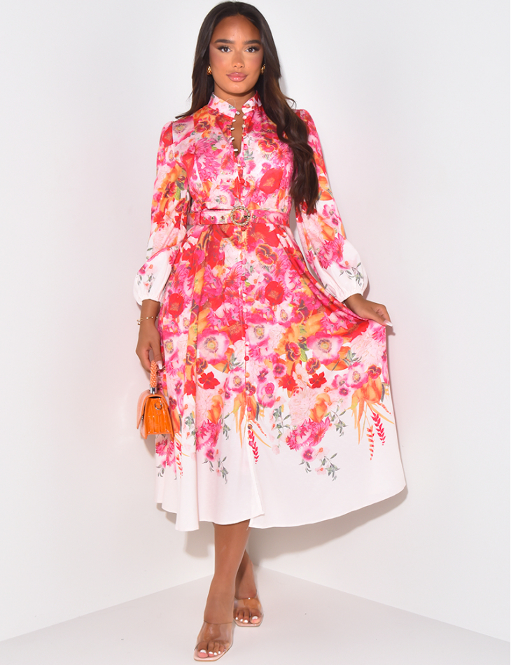 Long shirt dress with floral motif & belt at waist