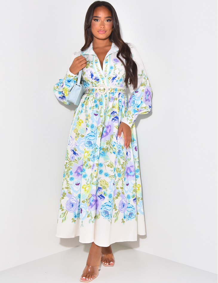 Long floral shirt dress with belt at waist