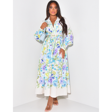 Robe chemise longue à fleurs et ceinture à la taille