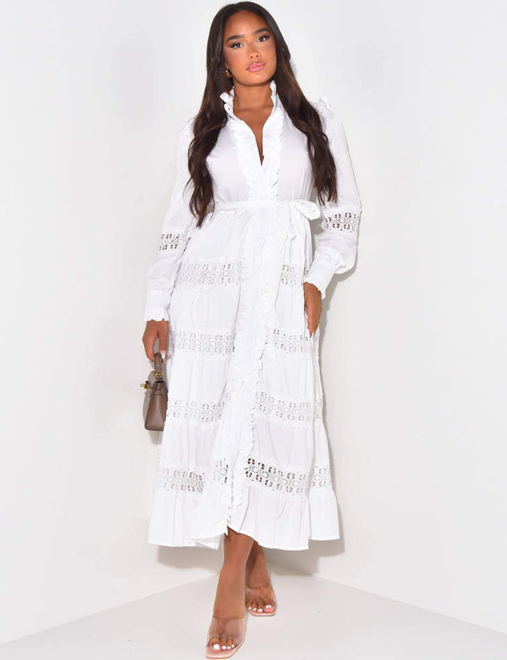 Long shirt dress with embroidery to tie at waist