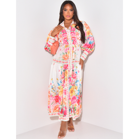 Robe longue imprimé florale avec ceinture corde