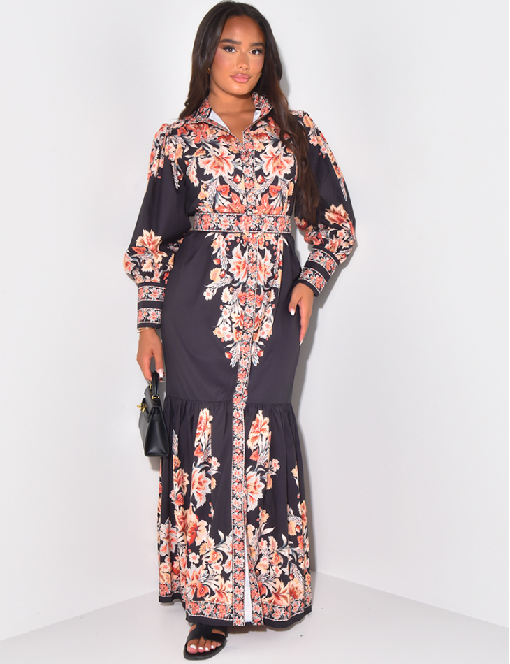 Robe longue imprimé florale avec ceinture