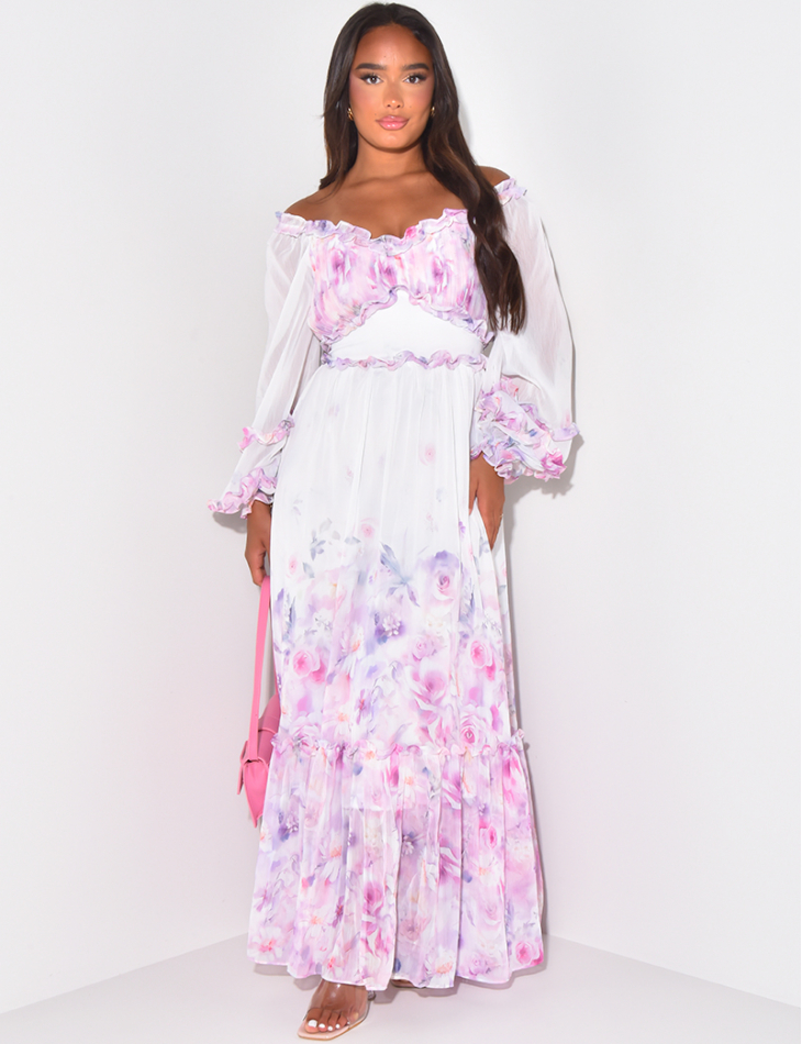 Robe longue col bateau à volants imprimé florale