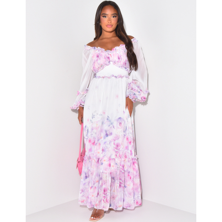 Robe longue col bateau à volants imprimé florale