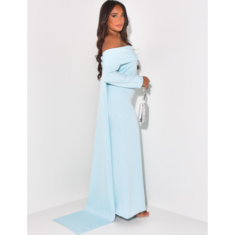 Boat neck long dress with back train