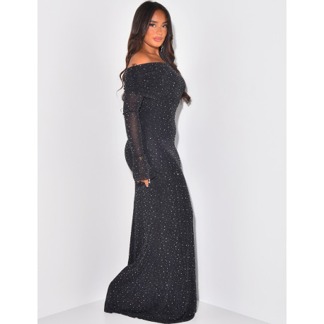 Long dress in mesh lined with rhinestone & sequin boat neck