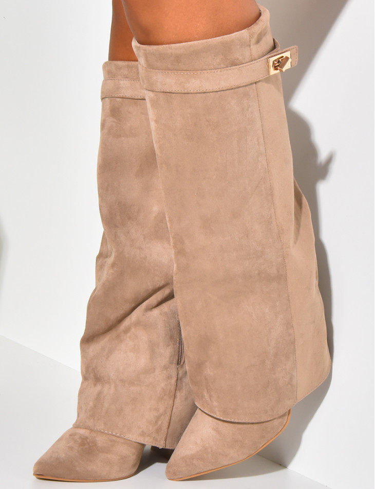 Suedette boots with square heels and flap