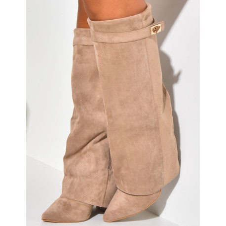 Suedette boots with square heels and flap