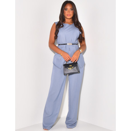 Belted wrap-around top and straight trousers set