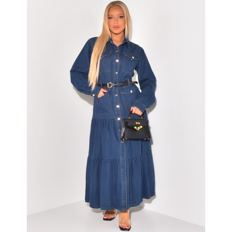 Belted denim maxi dress with pockets