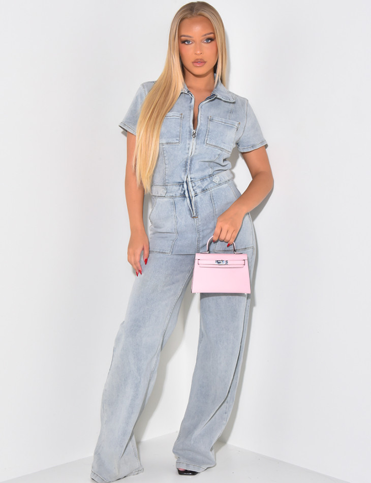 Short-sleeved denim jumpsuit with wide, cinched waistband