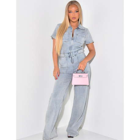 Short-sleeved denim jumpsuit with wide, cinched waistband