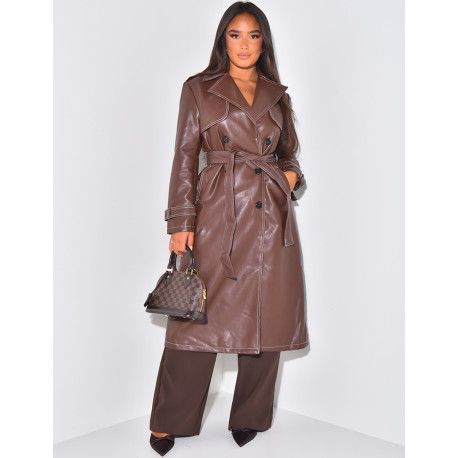 Long trench coat in imitation leather with contrast stitching