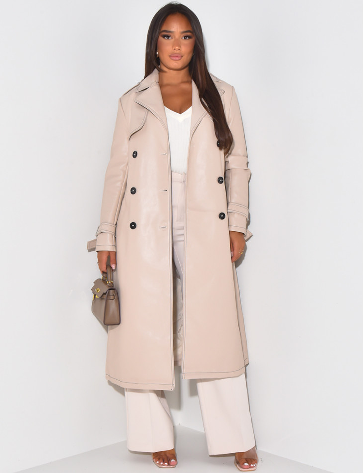 Long trench coat in imitation leather with contrast stitching