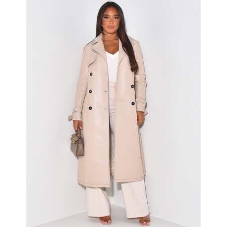 Long trench coat in imitation leather with contrast stitching