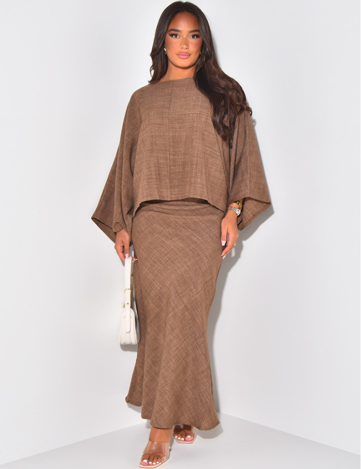 Long skirt and loose linen-effect top set