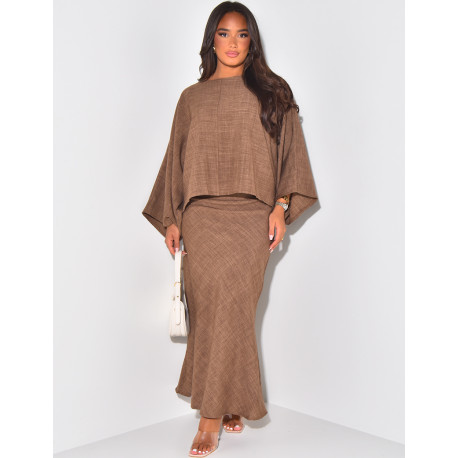 Long skirt and loose linen-effect top set