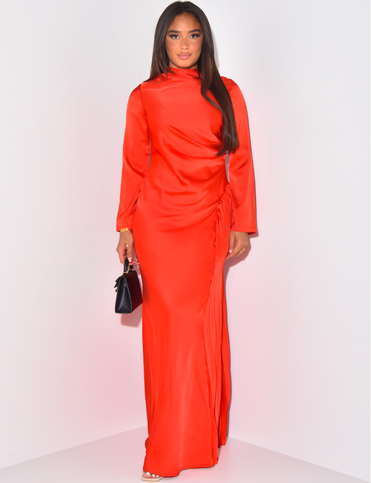 Satin maxi dress with pleated yoke