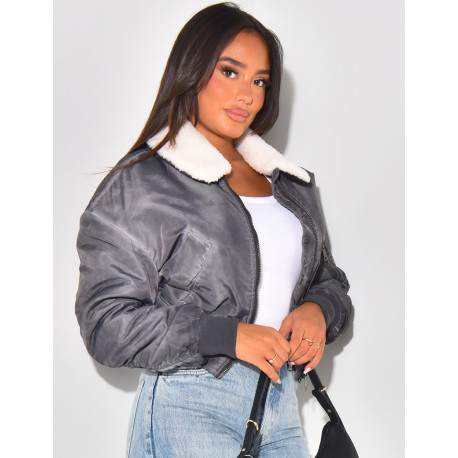 Faded short bomber with removable fur collar