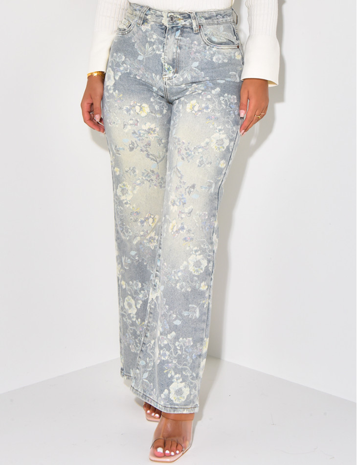 Stretchy straight-leg jeans with printed flowers