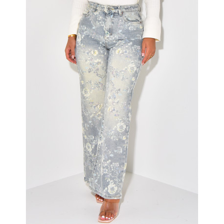 Stretchy straight-leg jeans with printed flowers