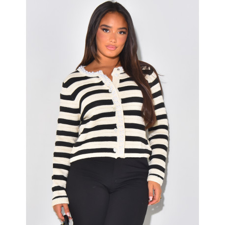 Stripes & pearls wool cardigan