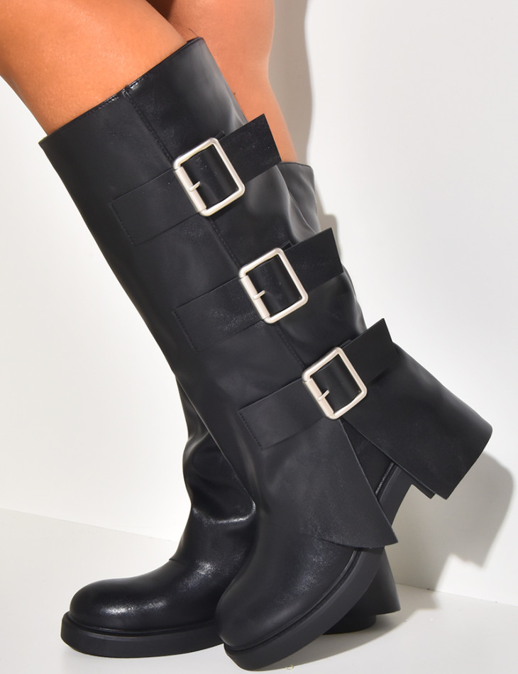 Biker boots with cuffs and straps