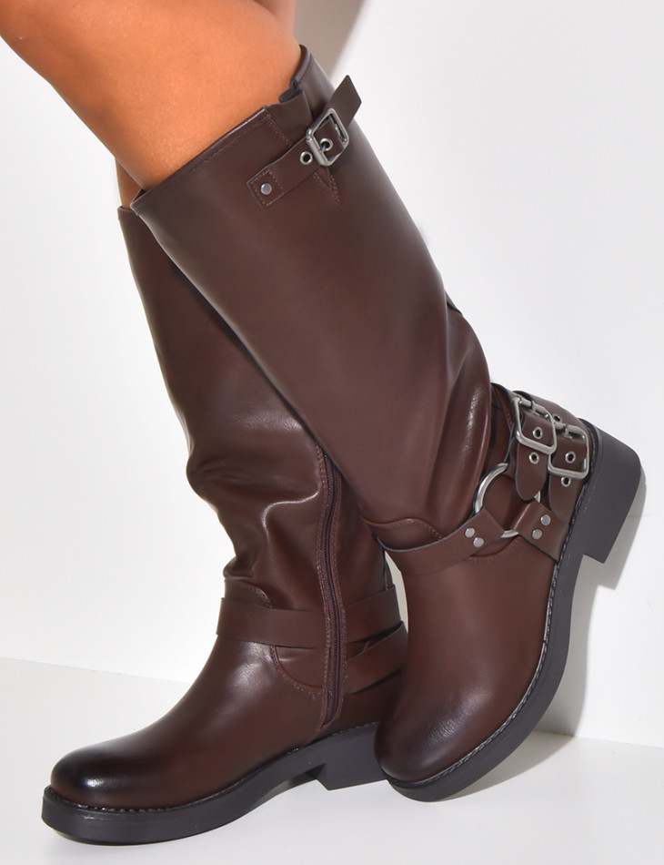 Faux leather biker boots with straps