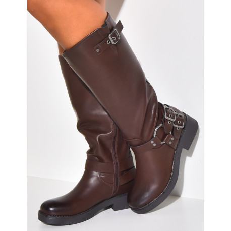 Faux leather biker boots with straps