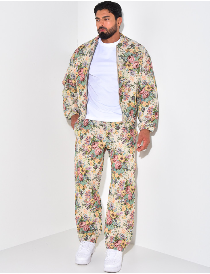 Textured jacket and trouser set with flower motif