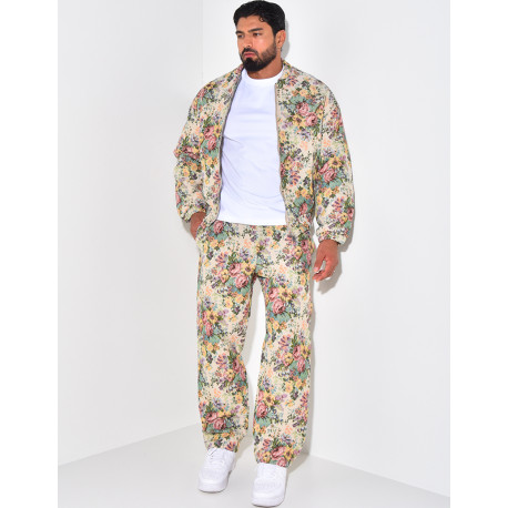 Textured jacket and trouser set with flower motif