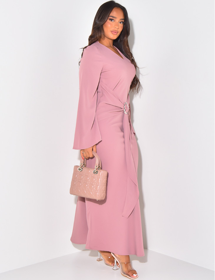 V-neck long dress with waist tie