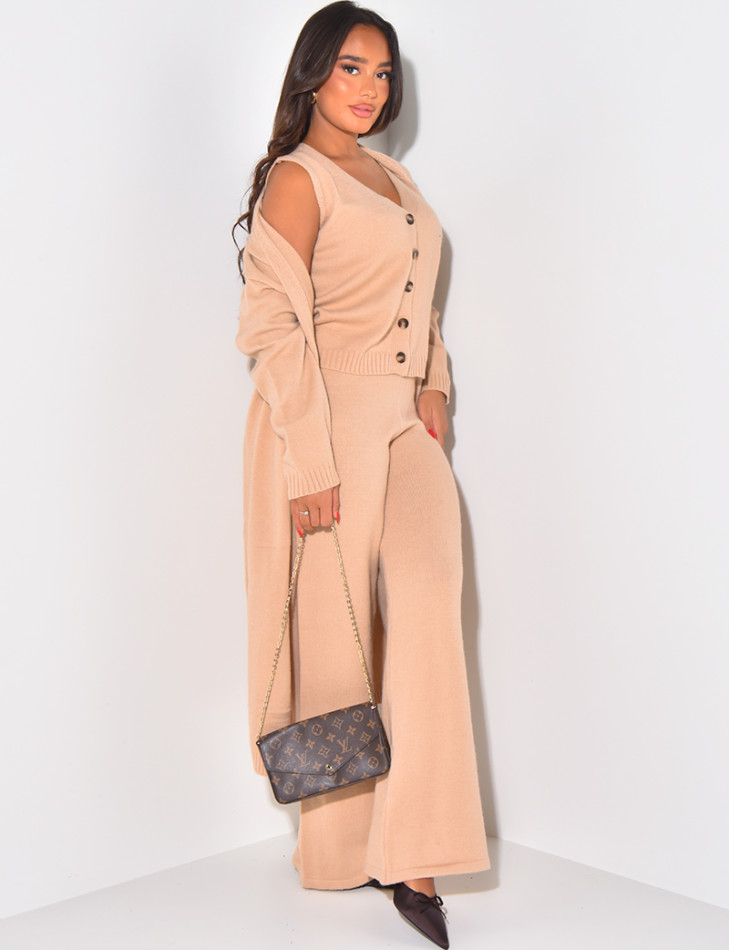 3-piece set with long cardigan, sleeveless cardigan and wool trousers