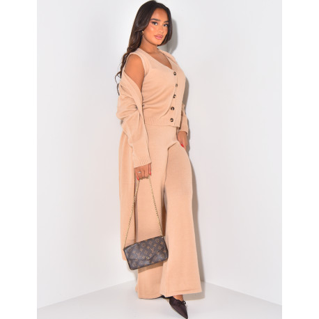 3-piece set with long cardigan, sleeveless cardigan and wool trousers