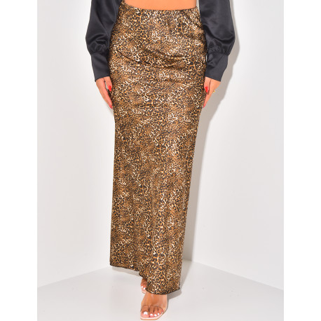 Long satin skirt with leopard print