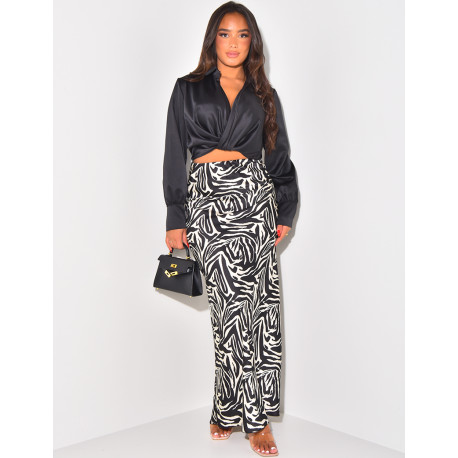 Long satin skirt with zebra pattern