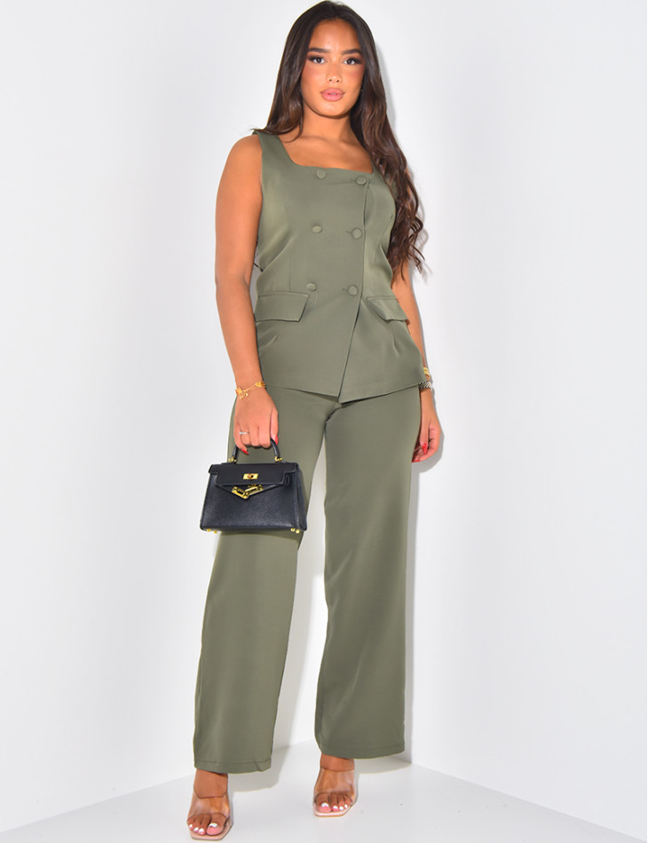 Button-down square-neck top & straight trousers set