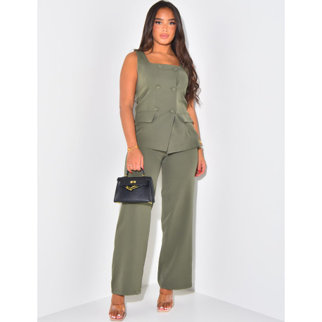 Button-down square-neck top & straight trousers set