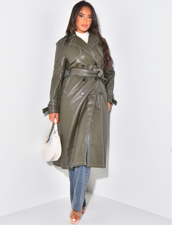 Long trench coat in imitation leather with contrast stitching