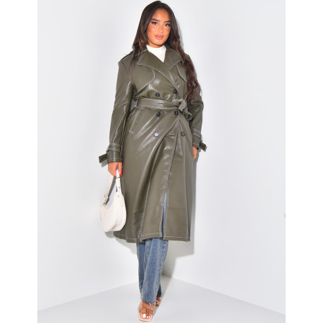 Long trench coat in imitation leather with contrast stitching